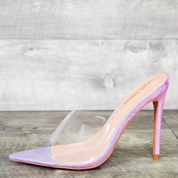 NEW🔥 Iridescent Clear Mules Sandal Stiletto Heel - Picture 5 of 7